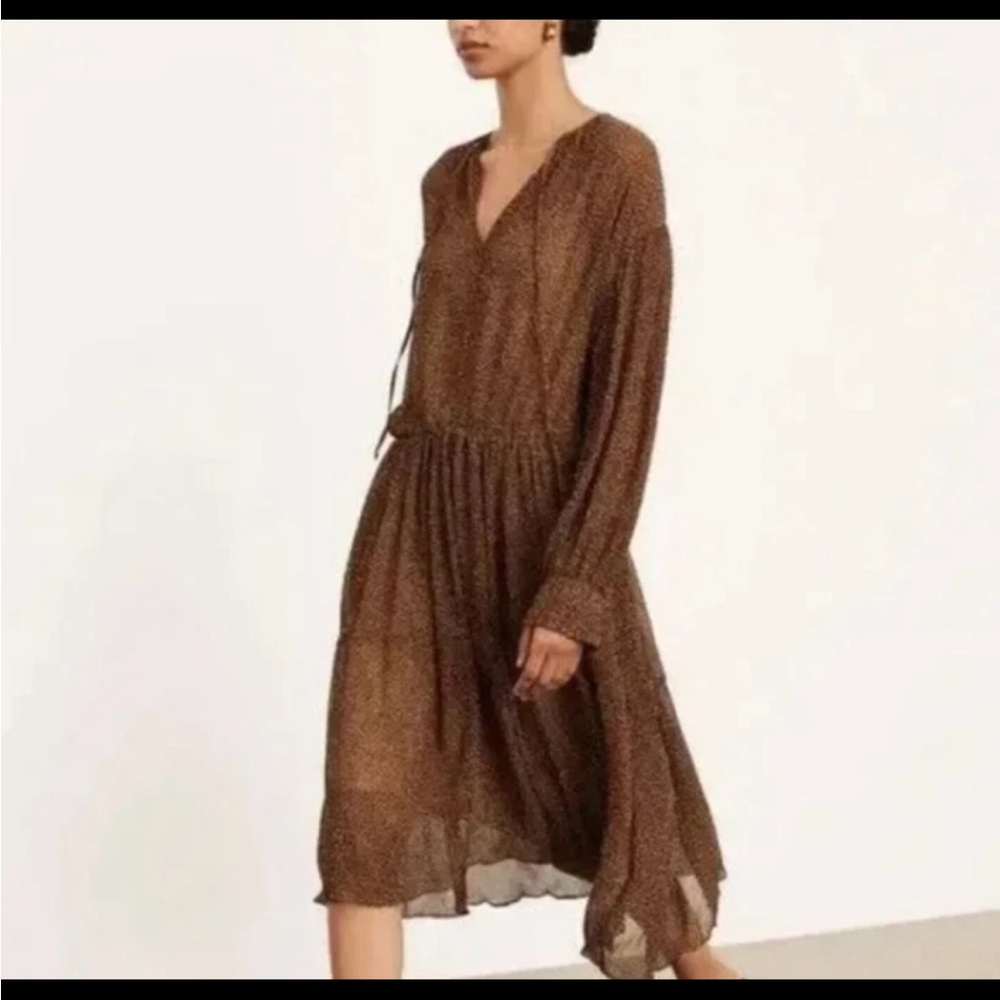 Vince Starry Dot Women’s Brown Long Sleeve Shirred Midi Size XXL $495